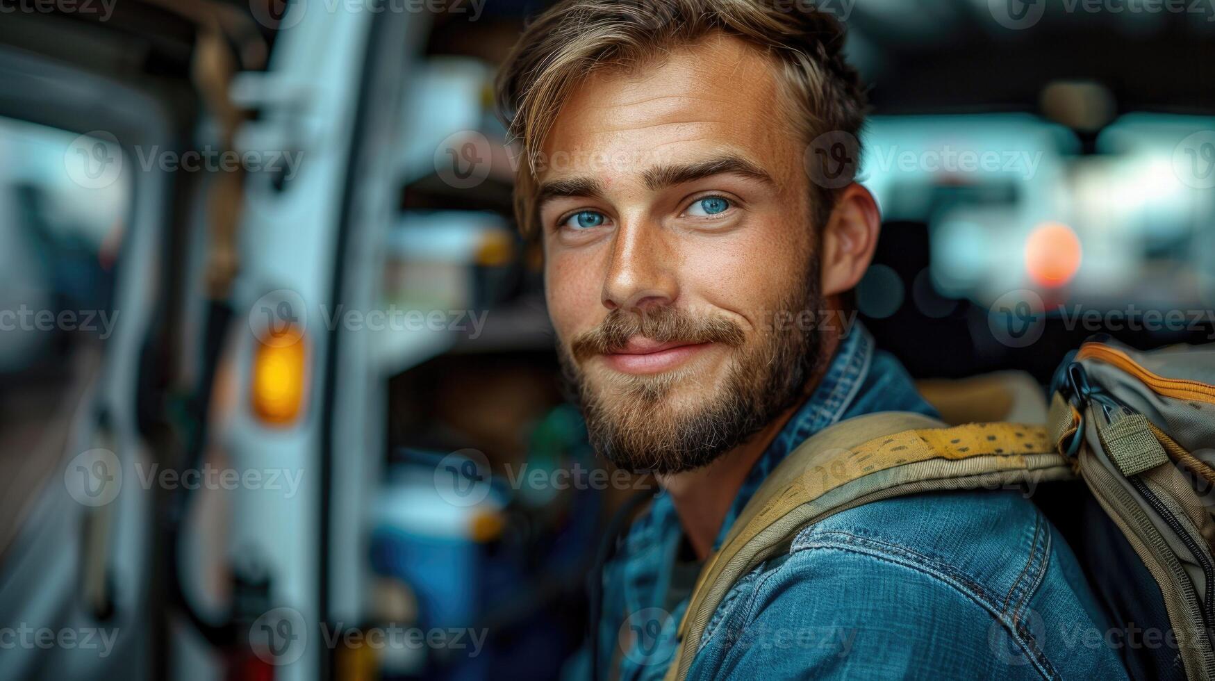 Smiling Young Man With Backpack Boarding a Public Bus During Daytime photo