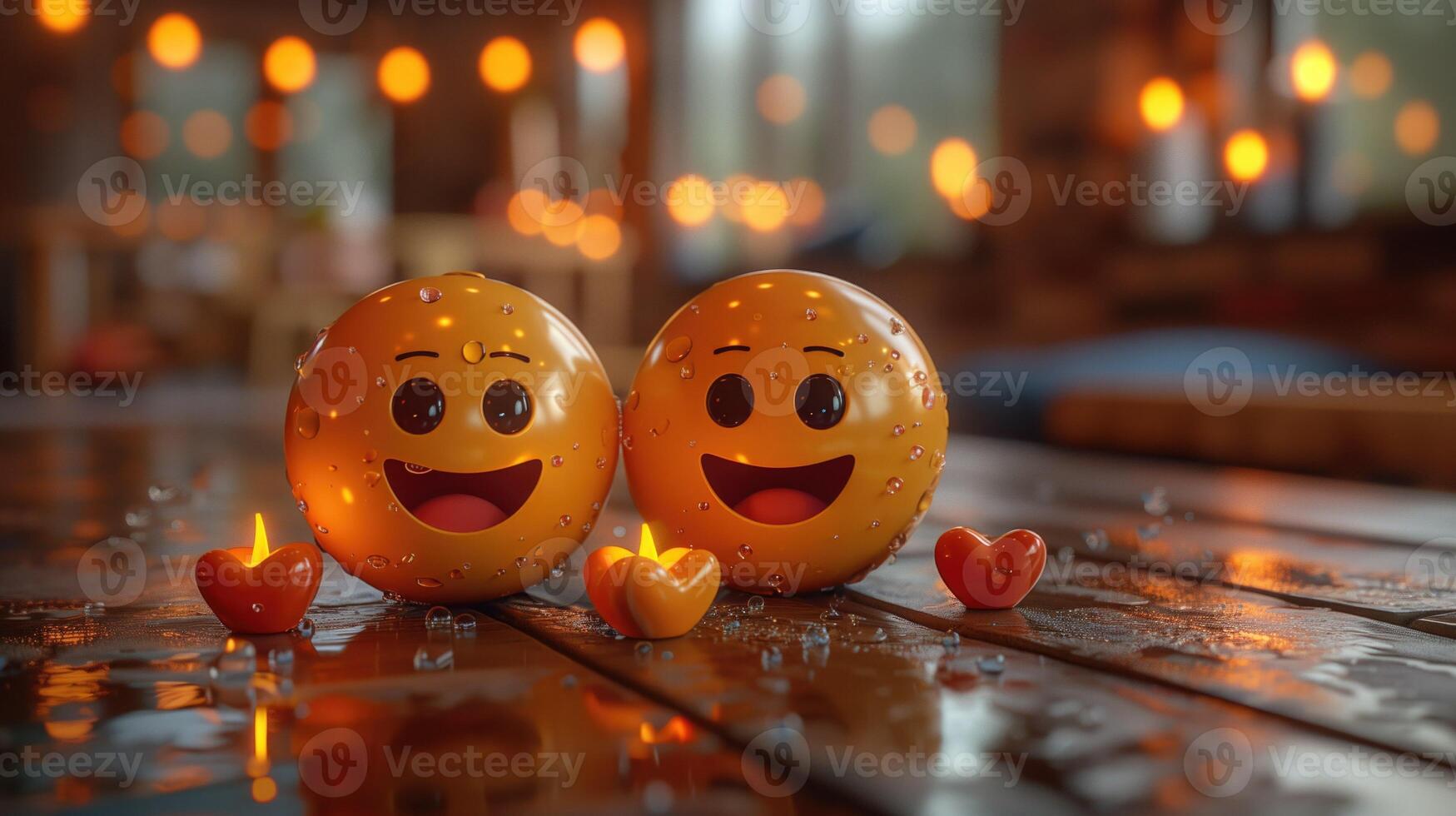Smiling Lover Emoji Faces and HeartShaped Candles on a Glossy Table photo