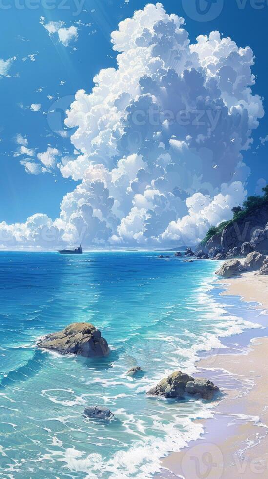 Pnting of a Beach With Rocks and Water photo