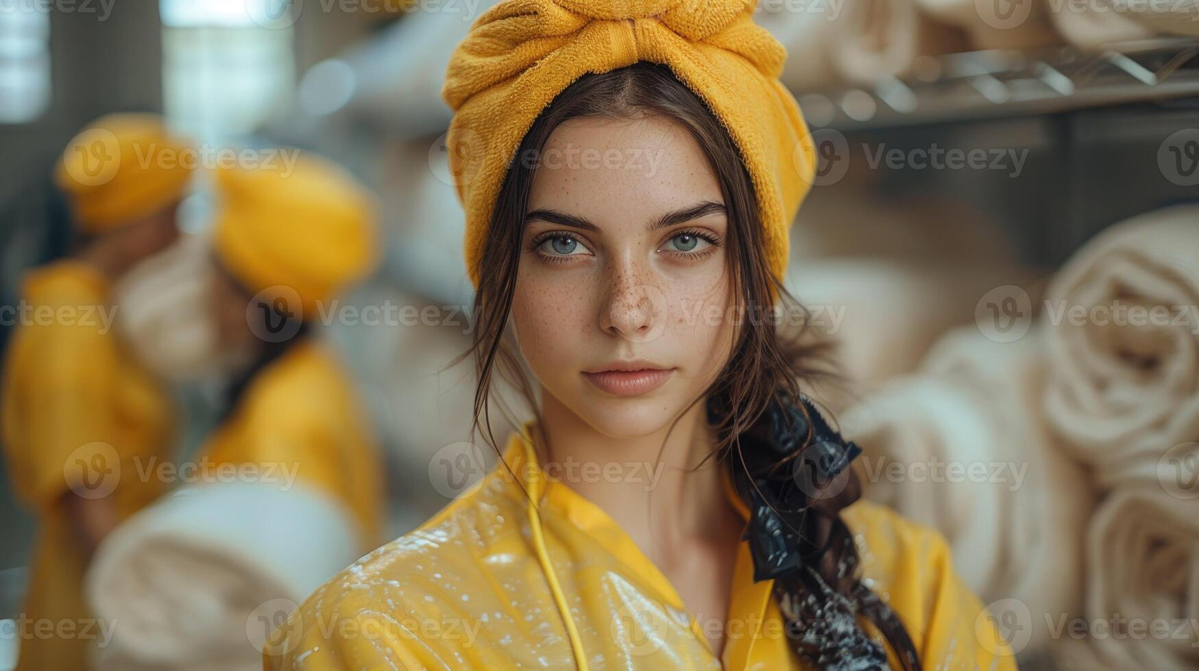 The woman coming out of the bathroom wrapped a towel around her head. photo