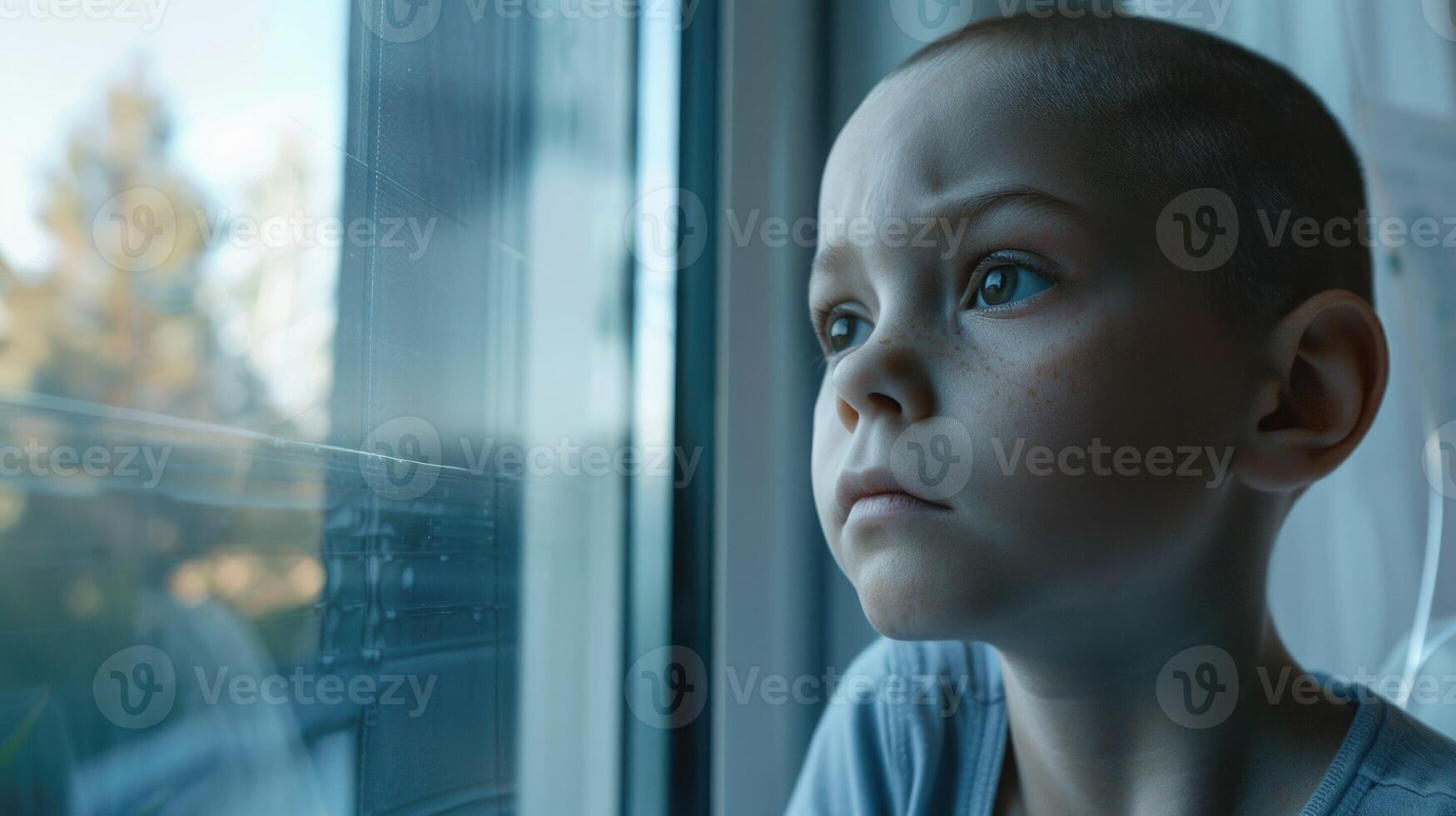 The little girl with leukemia is watching out of the window. photo