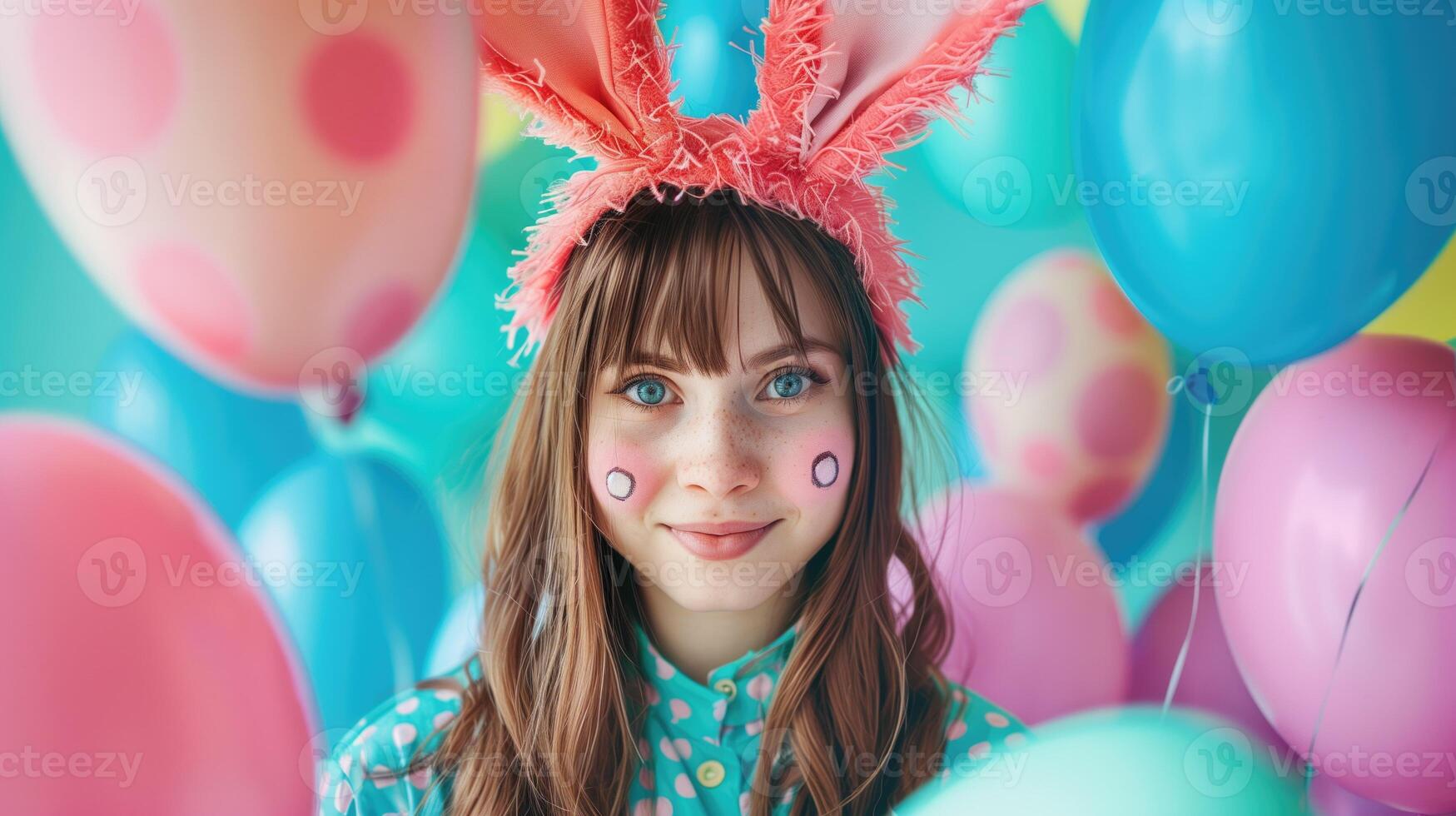 Smiling Young Woman With Bunny Ears Surrounded by Colorful Balloons at a Festive Event photo