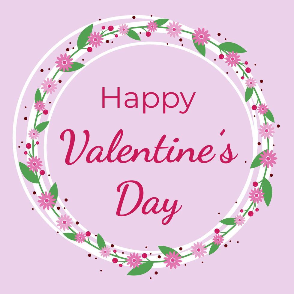Happy Valentine's Day card on pink background. Words around the floral frame in the form of circle in a flat style vector