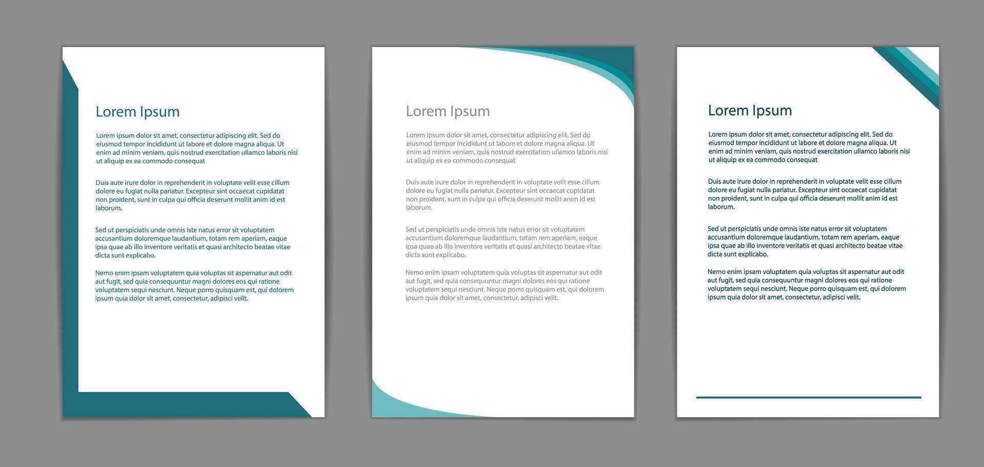 Three white papers with teal blue design elements on a gray background. Modern layout for business documents or reports. Professional and clean look. template, mockup, a4 vector