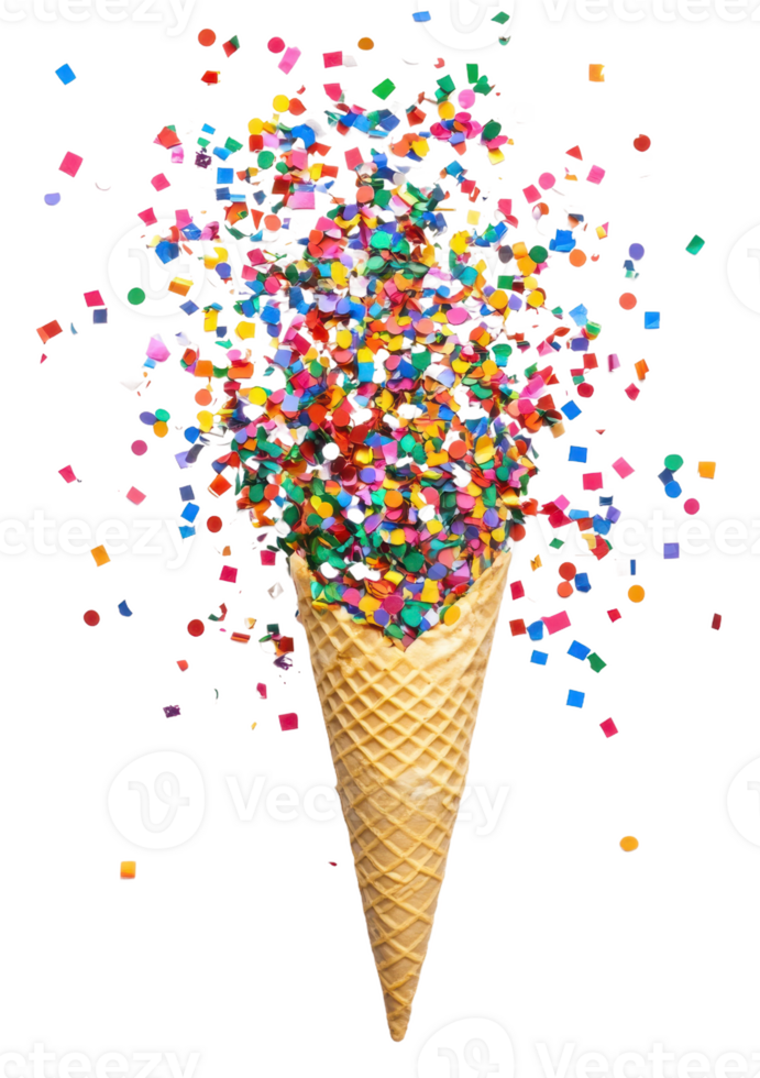 Colorful confetti bursts from ice cream cone, cut out - stock . png