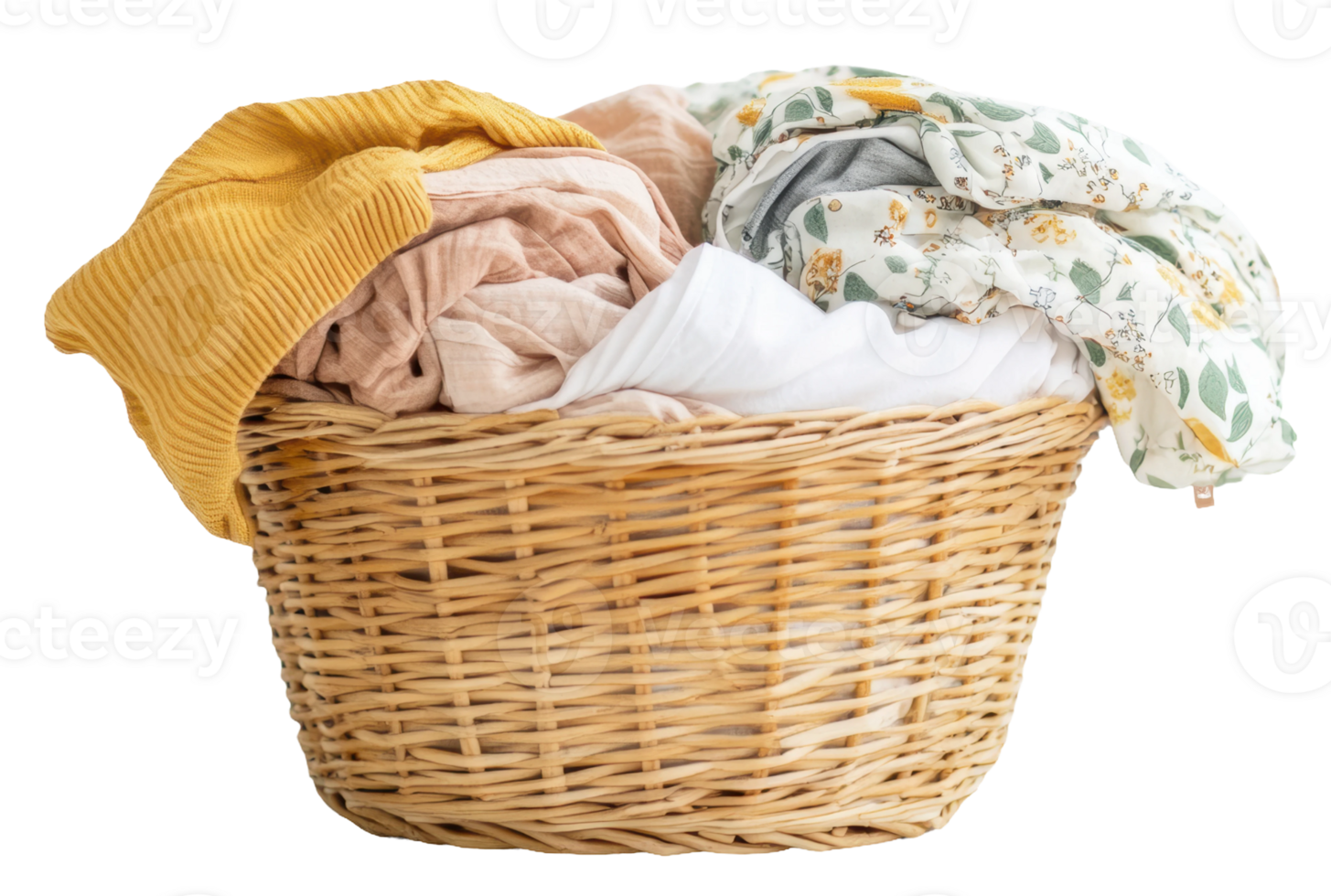 Laundry basket filled with freshly washed clothes, cut out - stock . png