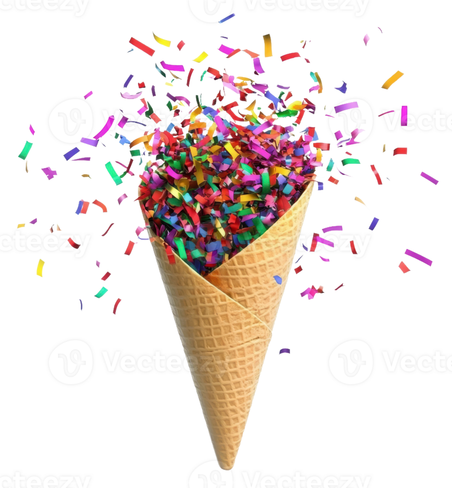 Confetti fills an ice cream cone for celebration, cut out - stock . png