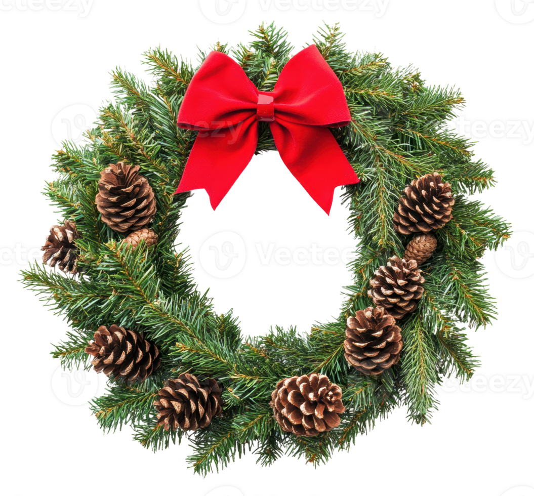 Festive wreath with pinecones and red bow, cut out - stock . png