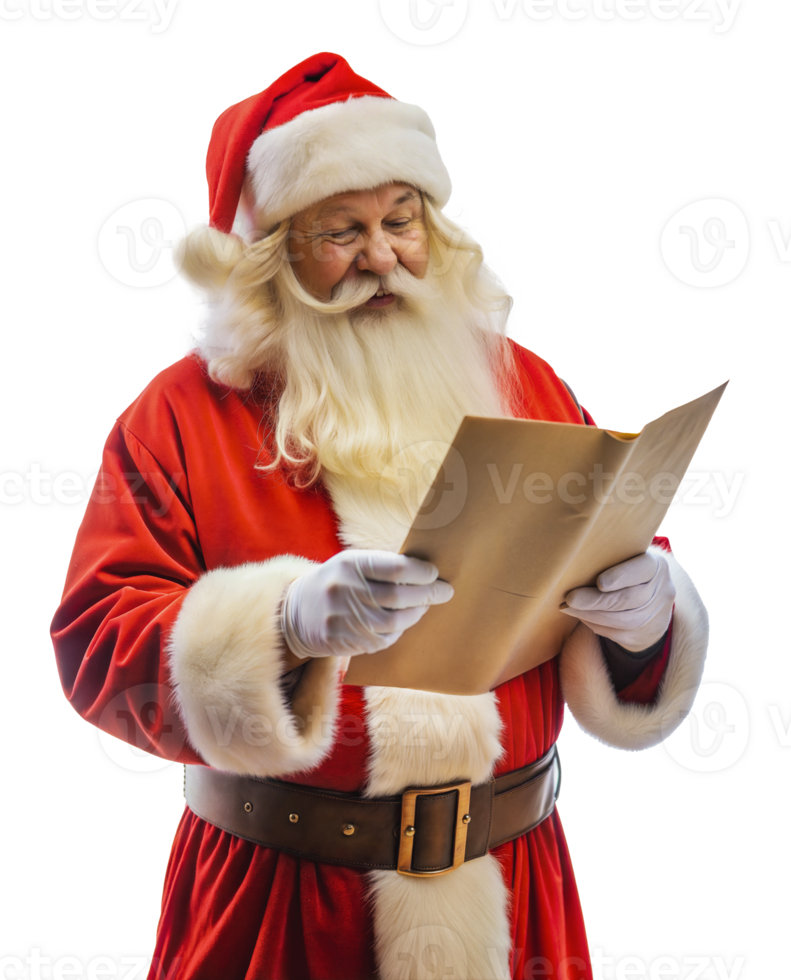 Santa reading a list in a festive outfit, cut out - stock . png