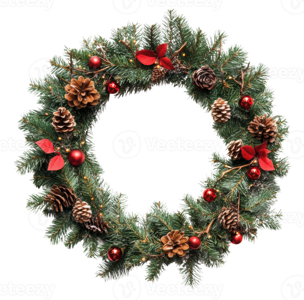 Festive holiday wreath with pinecones and berries, cut out - stock . png