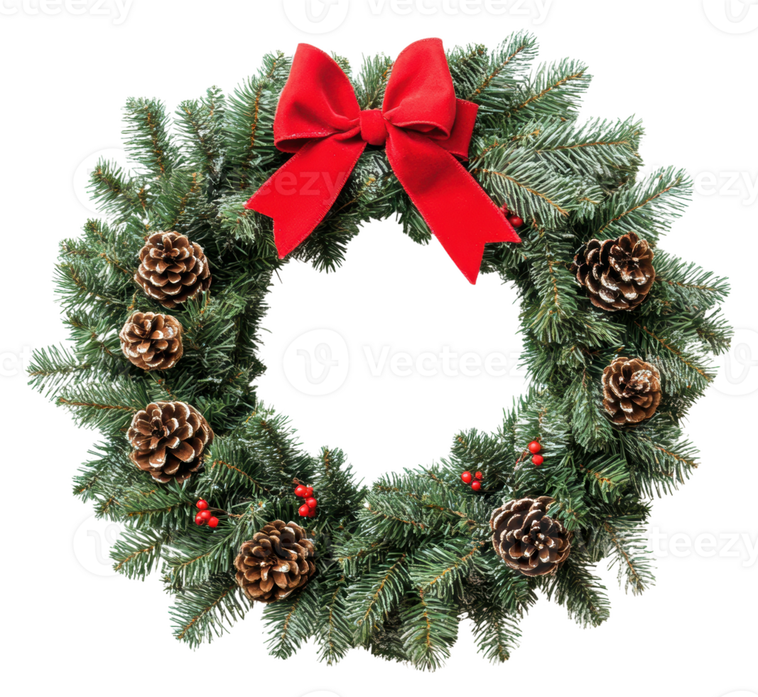 Festive pine cone wreath with red bow for holidays, cut out - stock . png