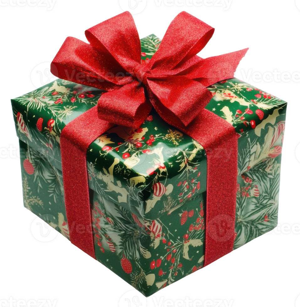 Wrapped Christmas gift with festive decorations, cut out - stock . png