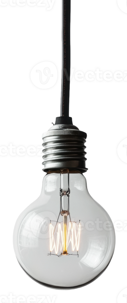Illuminated vintage light bulb hanging indoors, cut out - stock . png