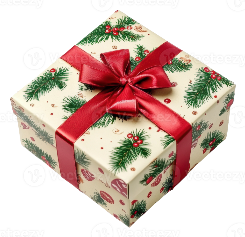 Festively wrapped Christmas present on a table, cut out - stock . png