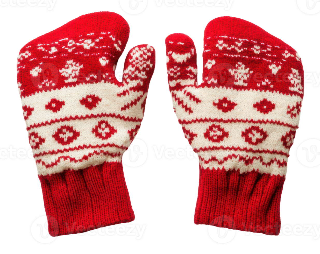 Cozy red mittens with white snowflake pattern, cut out - stock . png