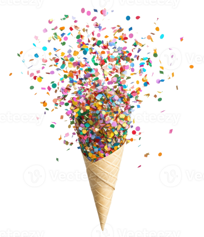Colorful confetti bursts from an ice cream cone, cut out - stock . png