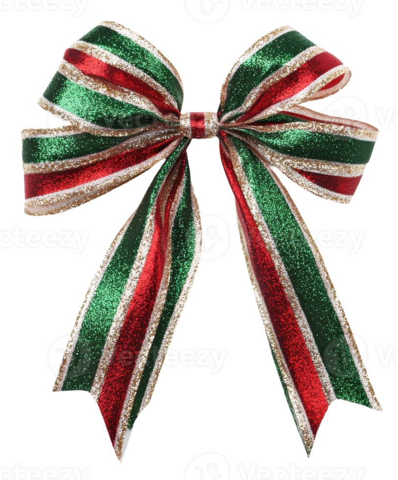 Festive red and green ribbon bow for decorations, cut out - stock . png