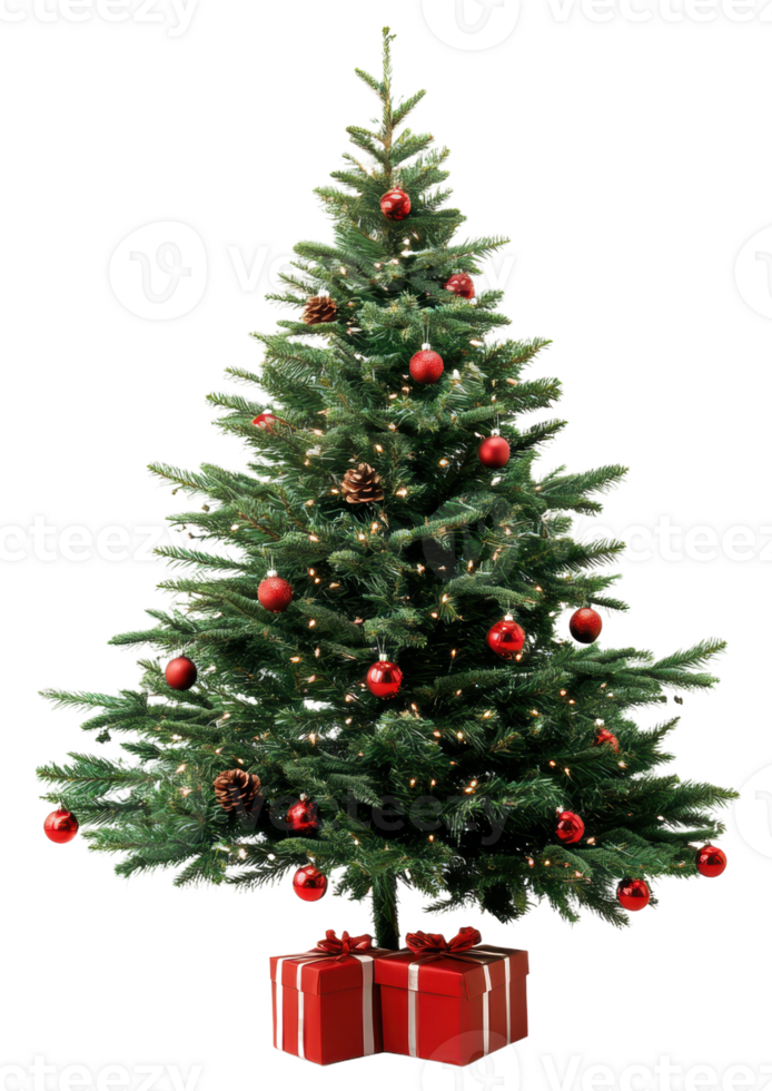 Christmas tree adorned with decorations and gifts, cut out - stock . png