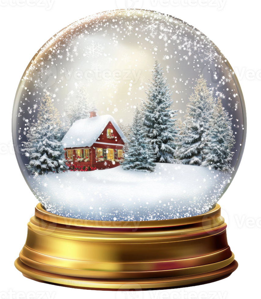 Winter scene inside a snow globe with cabin, cut out - stock . png