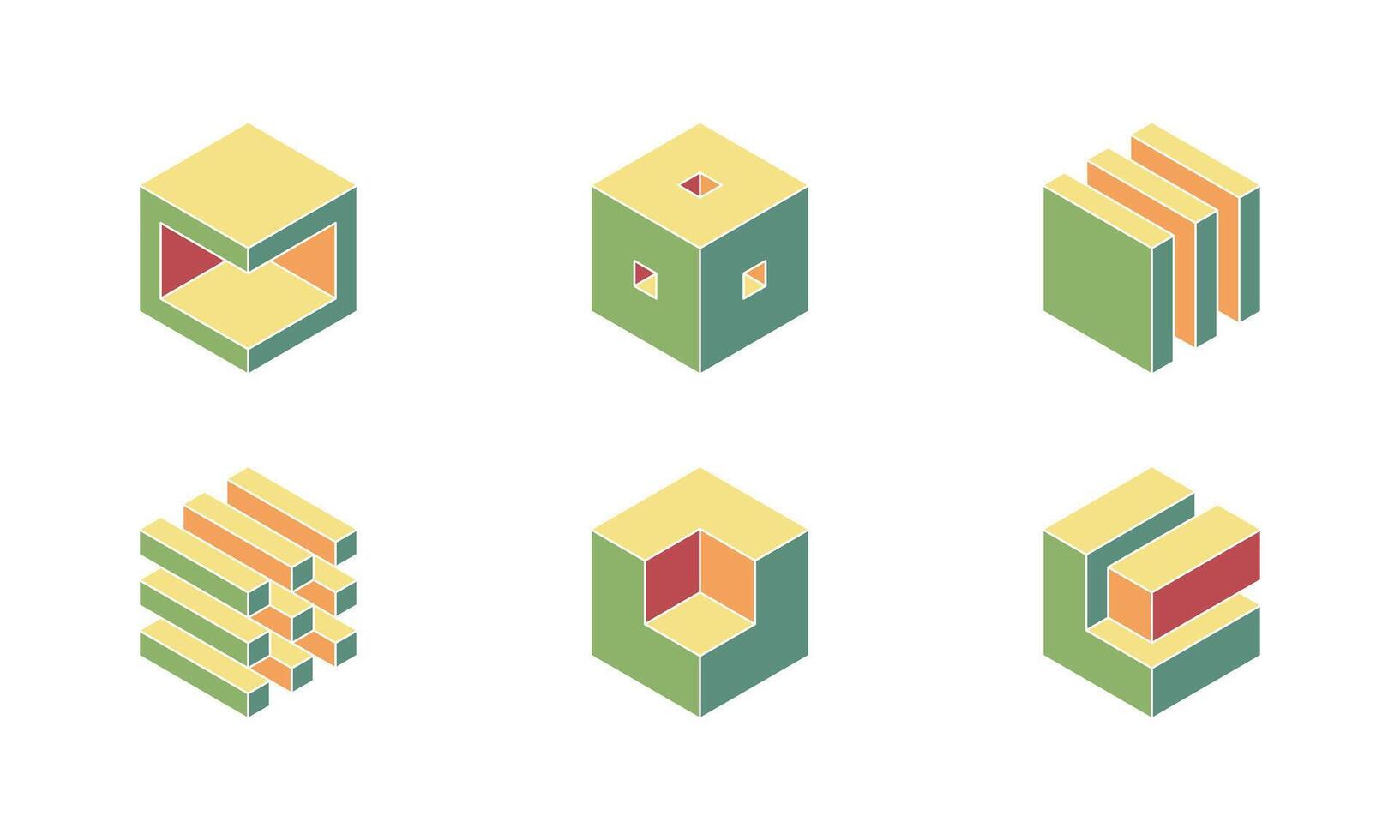 Cube logo, geometric design. Set box logotype company, trendy techno emblem in isometric 3D style. vector