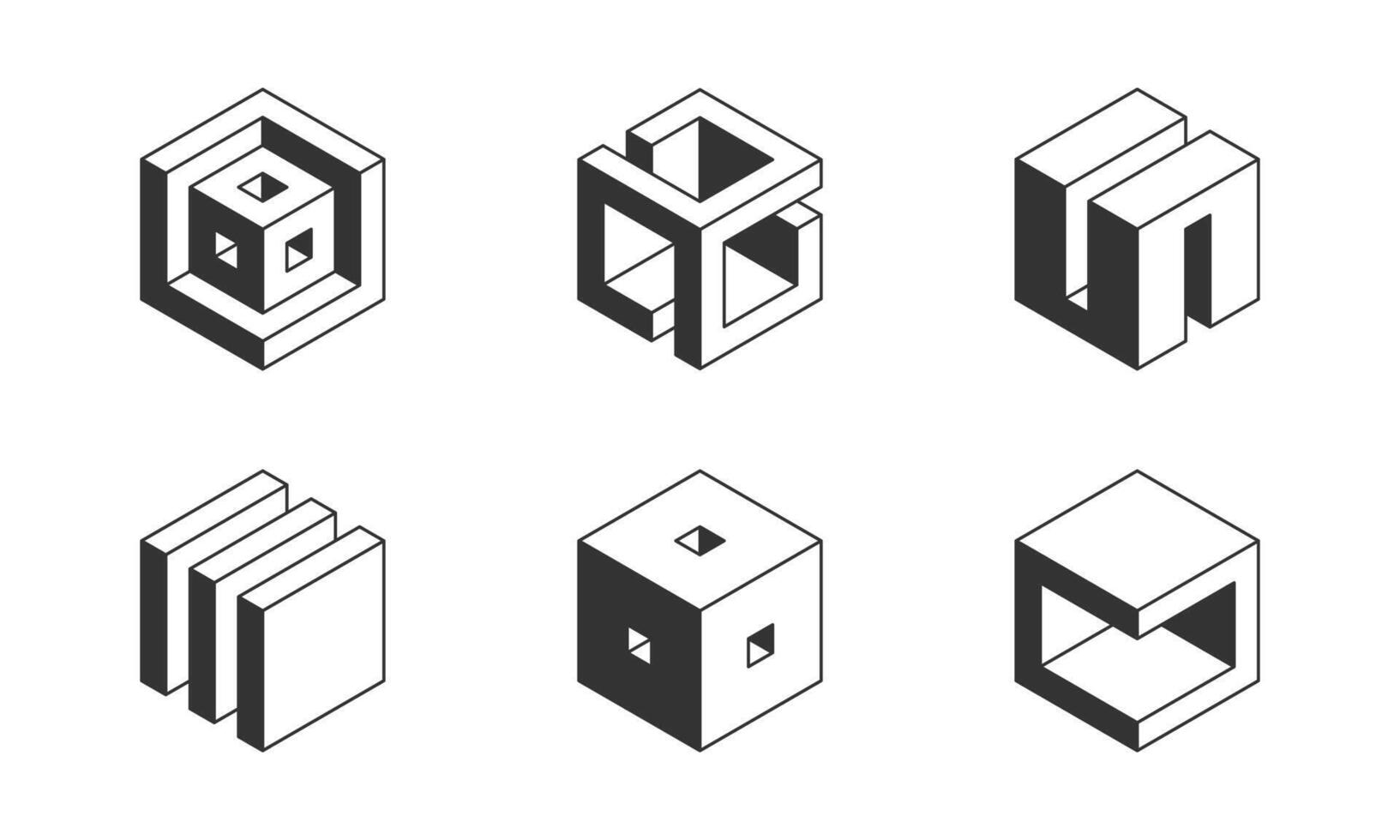 Black and white Cube logo, geometric design. Set box logotype company, trendy techno emblem in isometric 3D style. vector