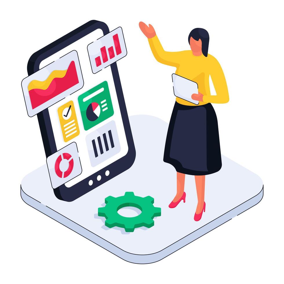 An isometric design illustration of mobile data analytics vector
