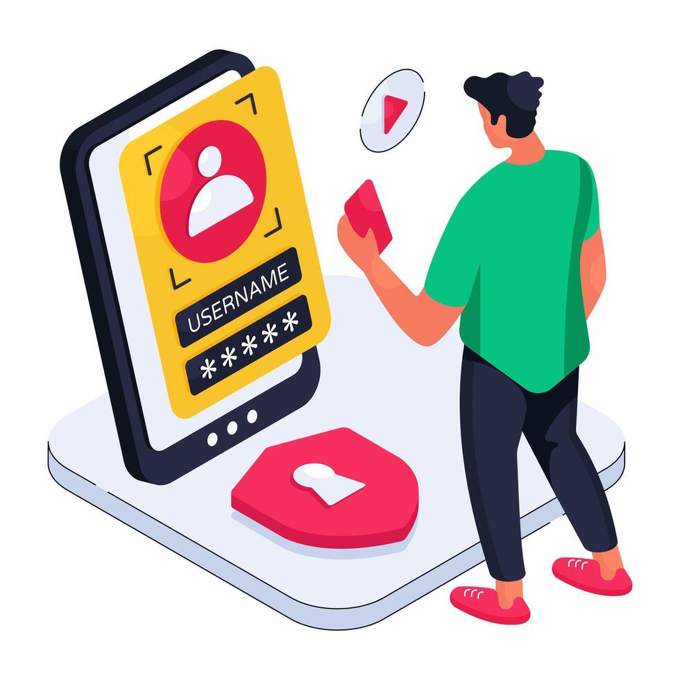 An isometric design illustration of mobile profile login vector