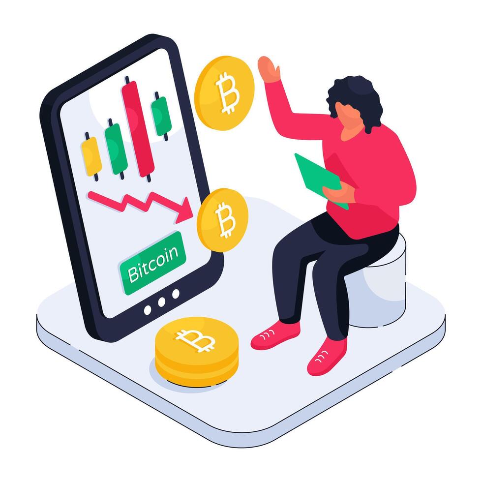 Downward arrows with btc symbolizing concept of bitcoin loss vector
