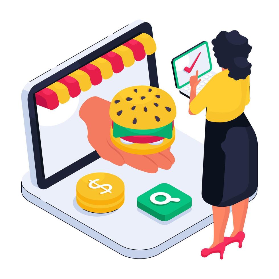 Conceptual isometric design illustration of online food order vector