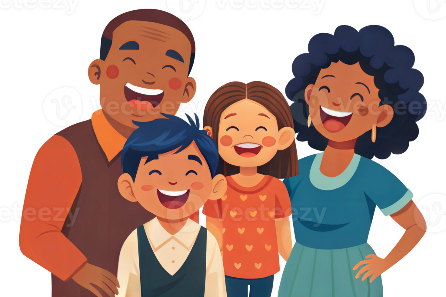 Happy family of four with cheerful expressions, cut out - stock . png