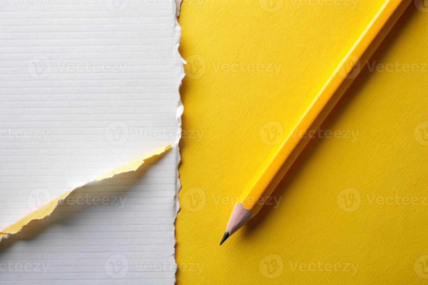 White paper torn ripped with pencil on yellow background for your presentation background photo