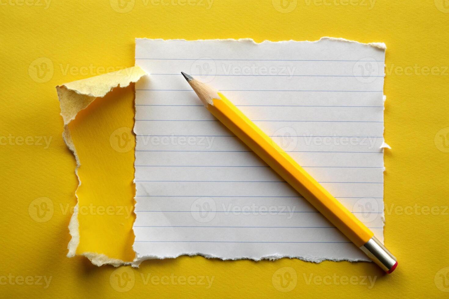 White paper torn ripped with pencil on yellow background for your presentation background photo