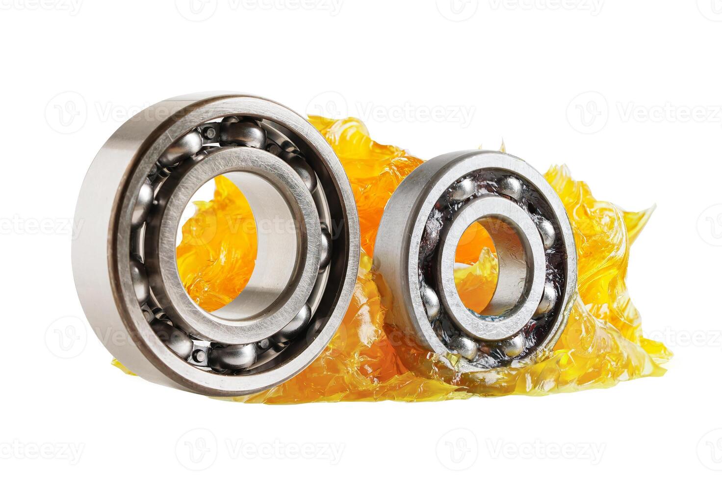 Grease and ball bearing, Blue premium quality synthetic lithium complex grease, high temperatures and machinery lubrication isolated on white background. photo