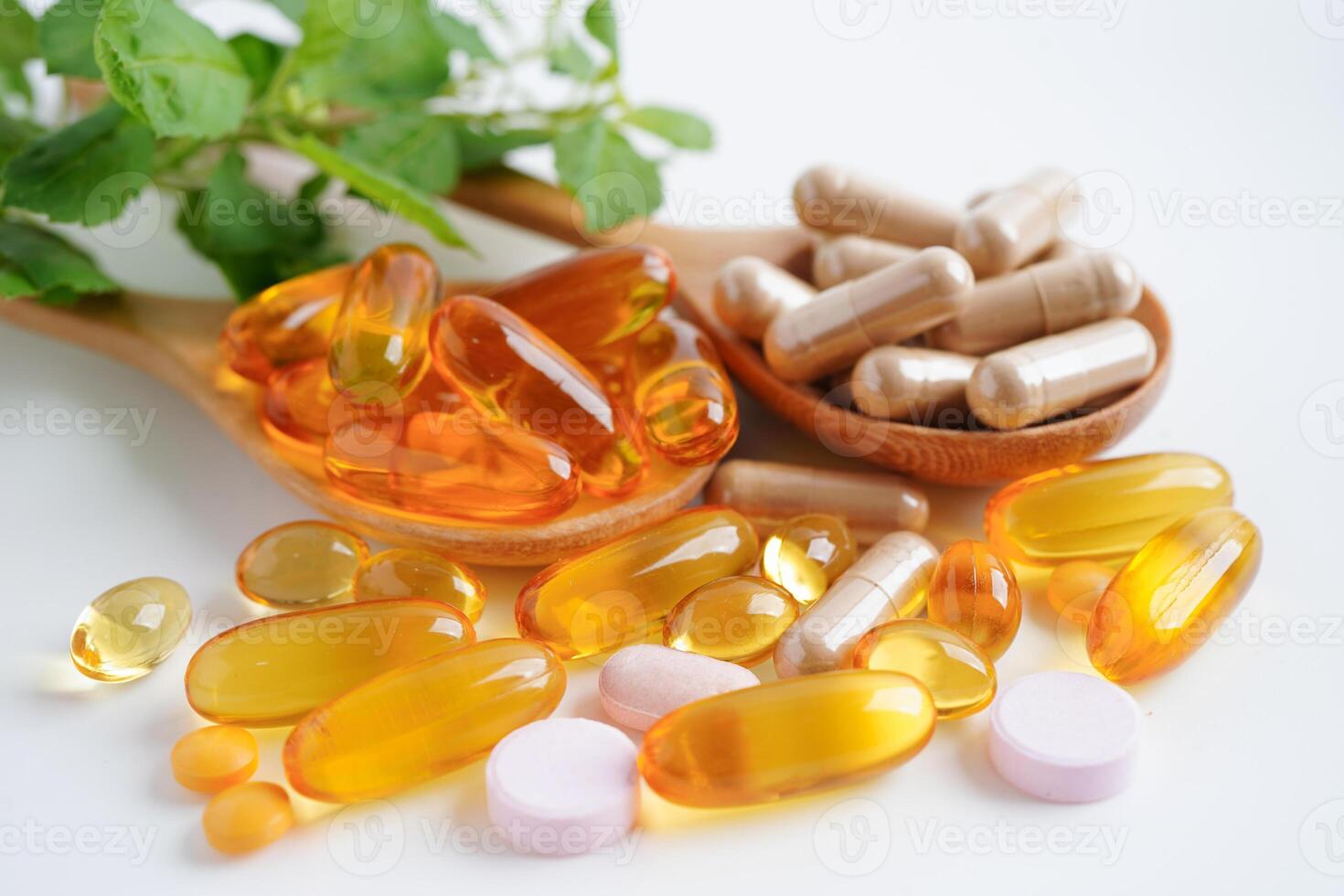 Alternative medicine herbal organic capsule with vitamin E omega 3 fish oil, mineral, drug with herbs leaf natural supplements for healthy good life. photo