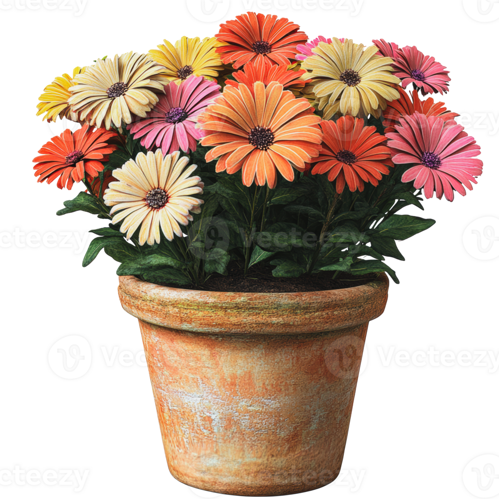 Colorful daisies in a terracotta pot png