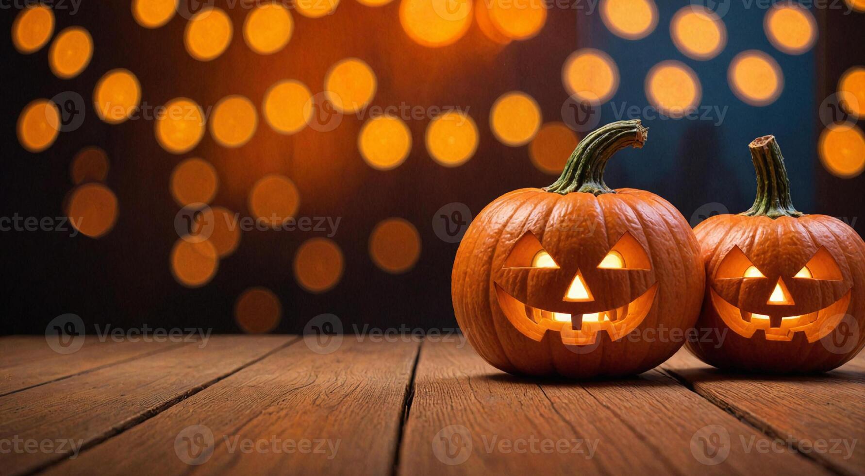 Halloween, orange pumpkins on wooden table on bokeh glowing background, copy space. photo