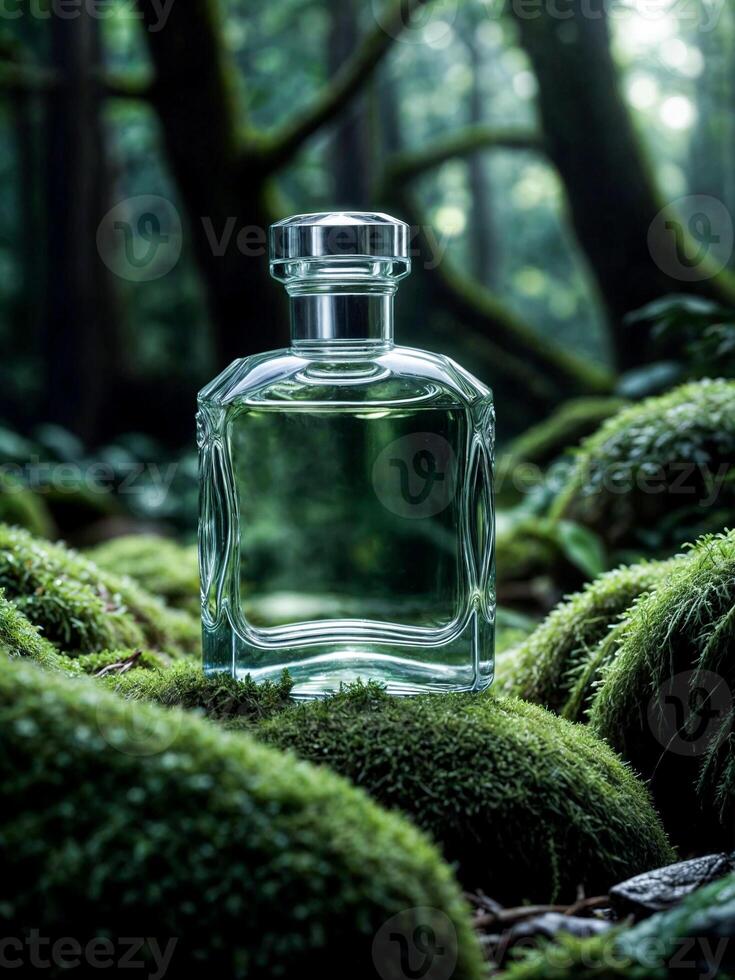 Clear bottle of perfume with green liquid inside, resting on bed of moss. photo
