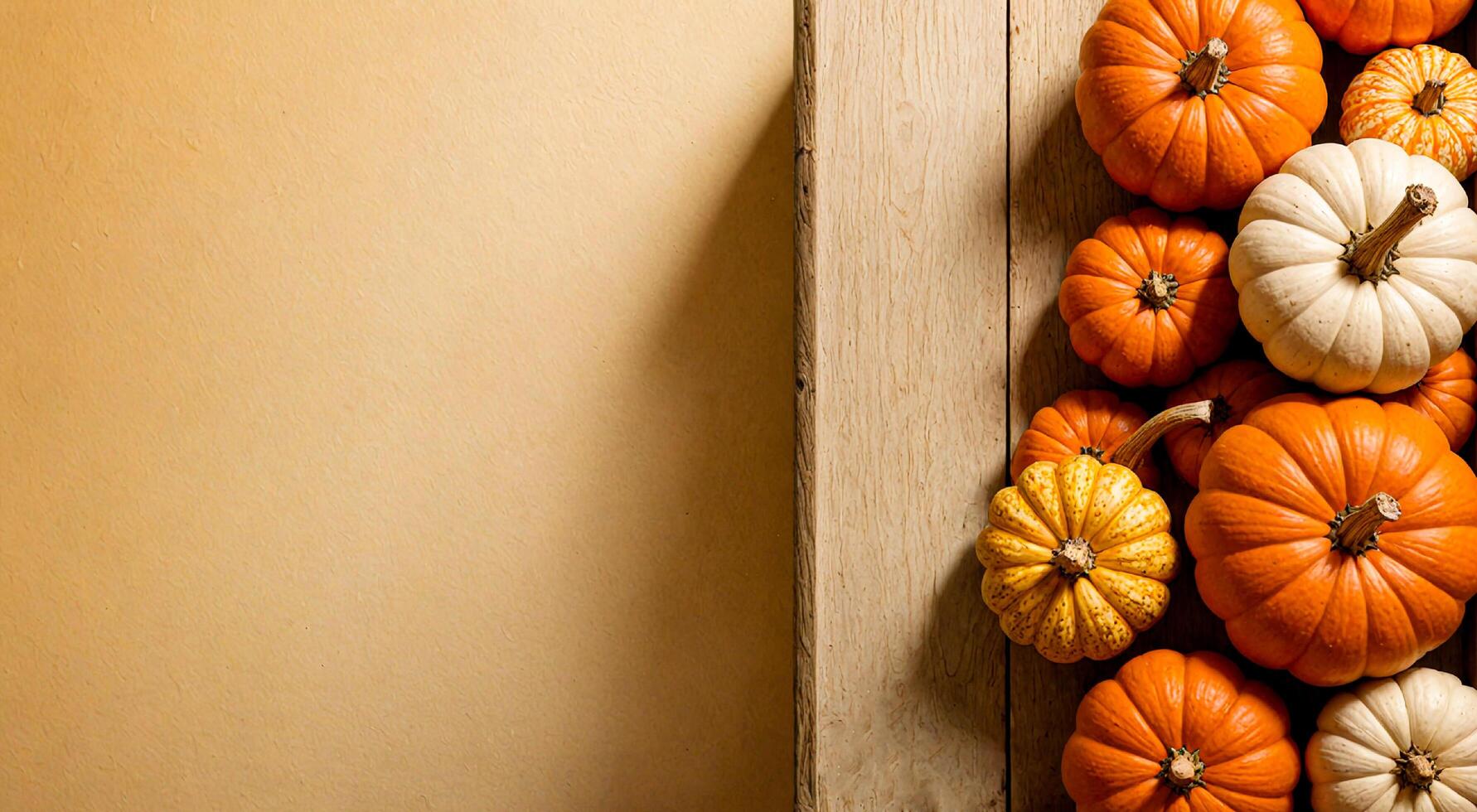 Wooden table with pumpkins of different sizes on soft cream background.Space for text. photo