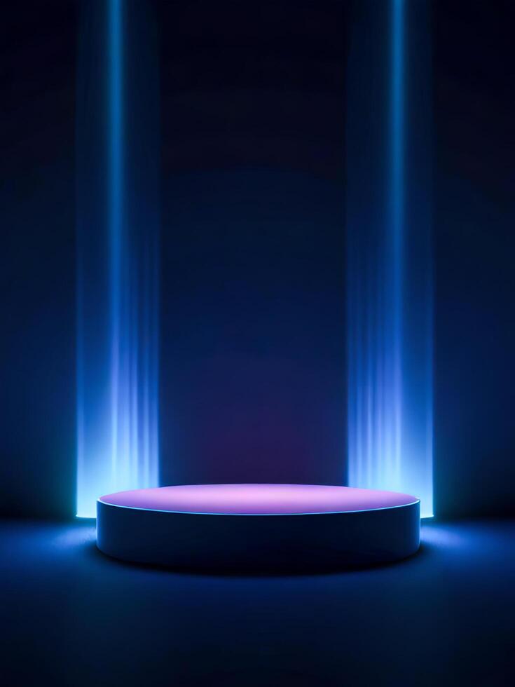 Round podium in dark shades, glow in the background. photo