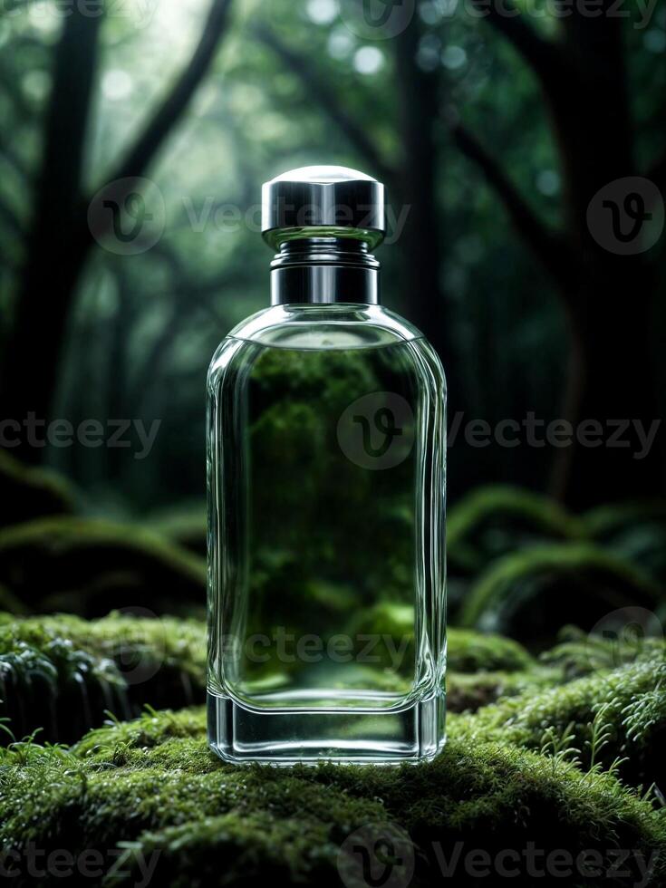 Clear bottle of perfume with green liquid inside, resting on bed of moss. photo