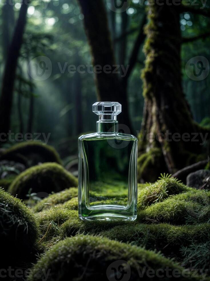 Clear bottle of perfume with green liquid inside, resting on bed of moss. photo