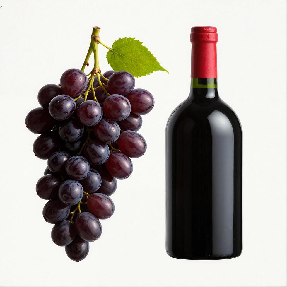 Large ripe bunch of purple grapes and bottle of red wine on white background. photo