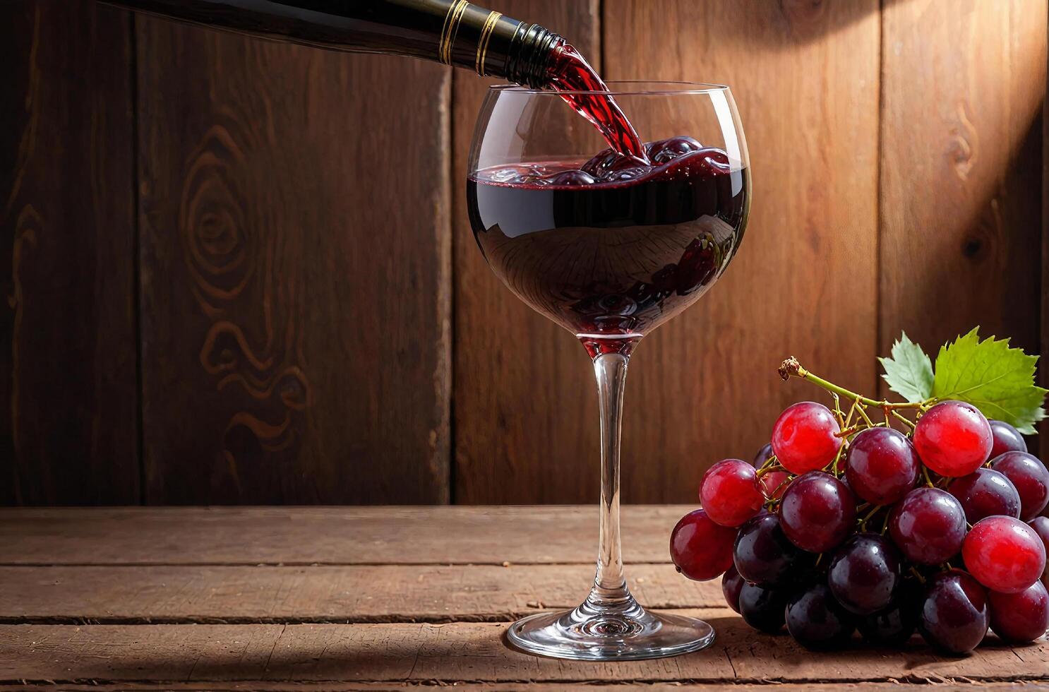 Glass of red wine and handful of ripe grapes on wooden surface with dark background photo