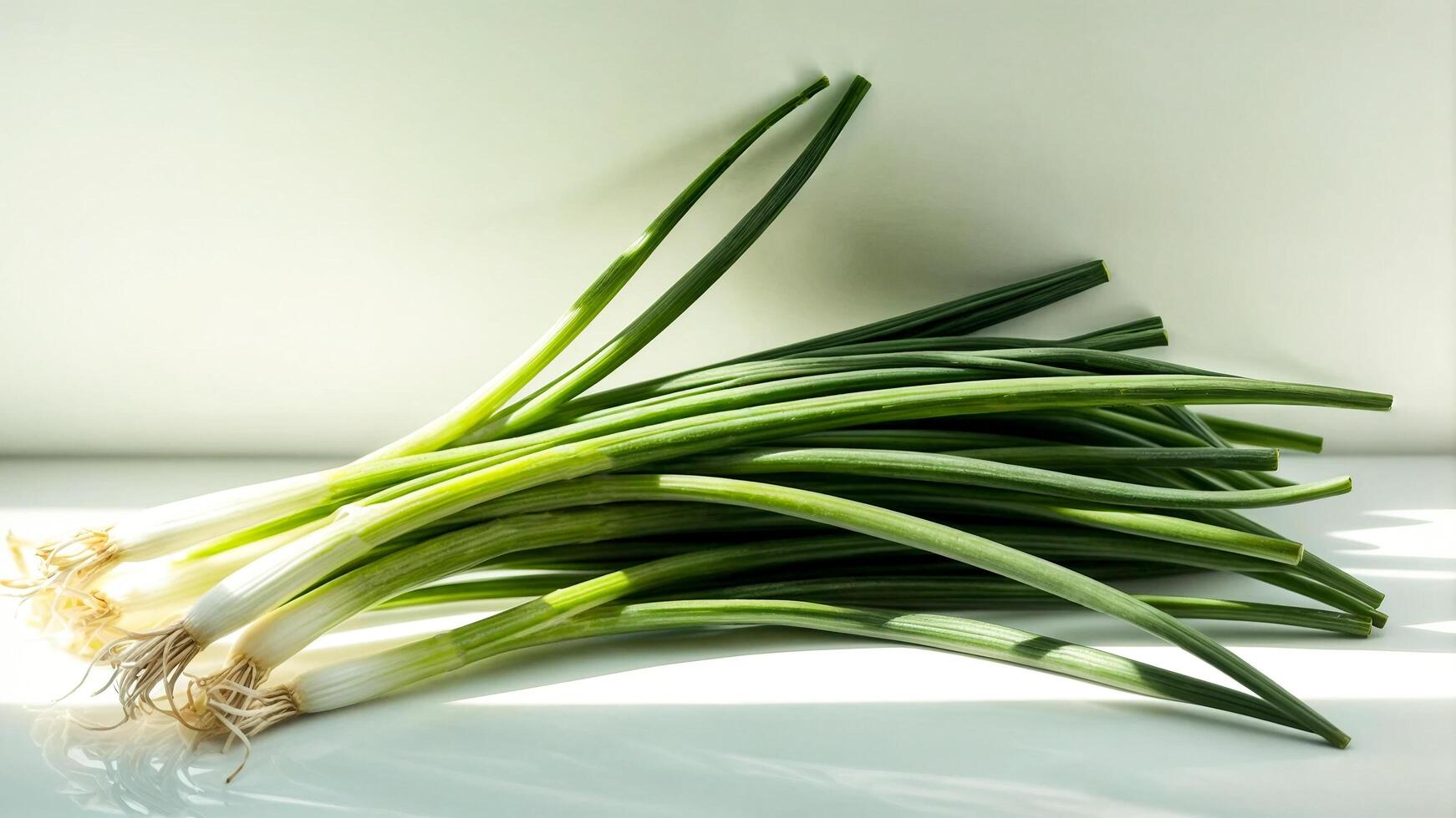 Bunch spring green onions are placed on white table. Lighting is coming from side. photo