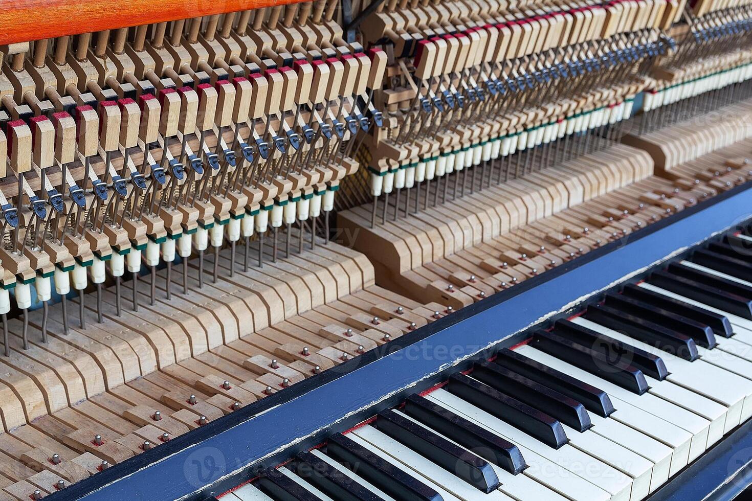 Inside a piano with keys, strings, pins and hammers photo