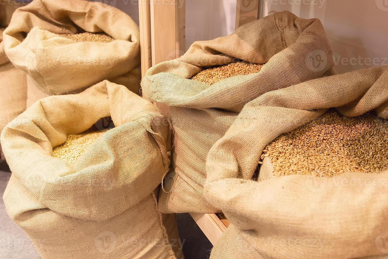 Wheat grains in sacks at mill storage photo