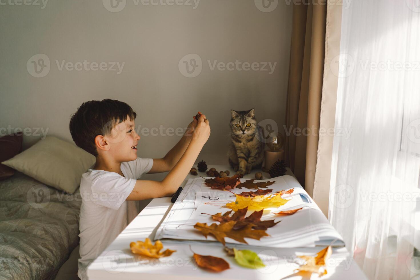 Boy Engaged in Creative Leaf Art Activity at Home with cat photo