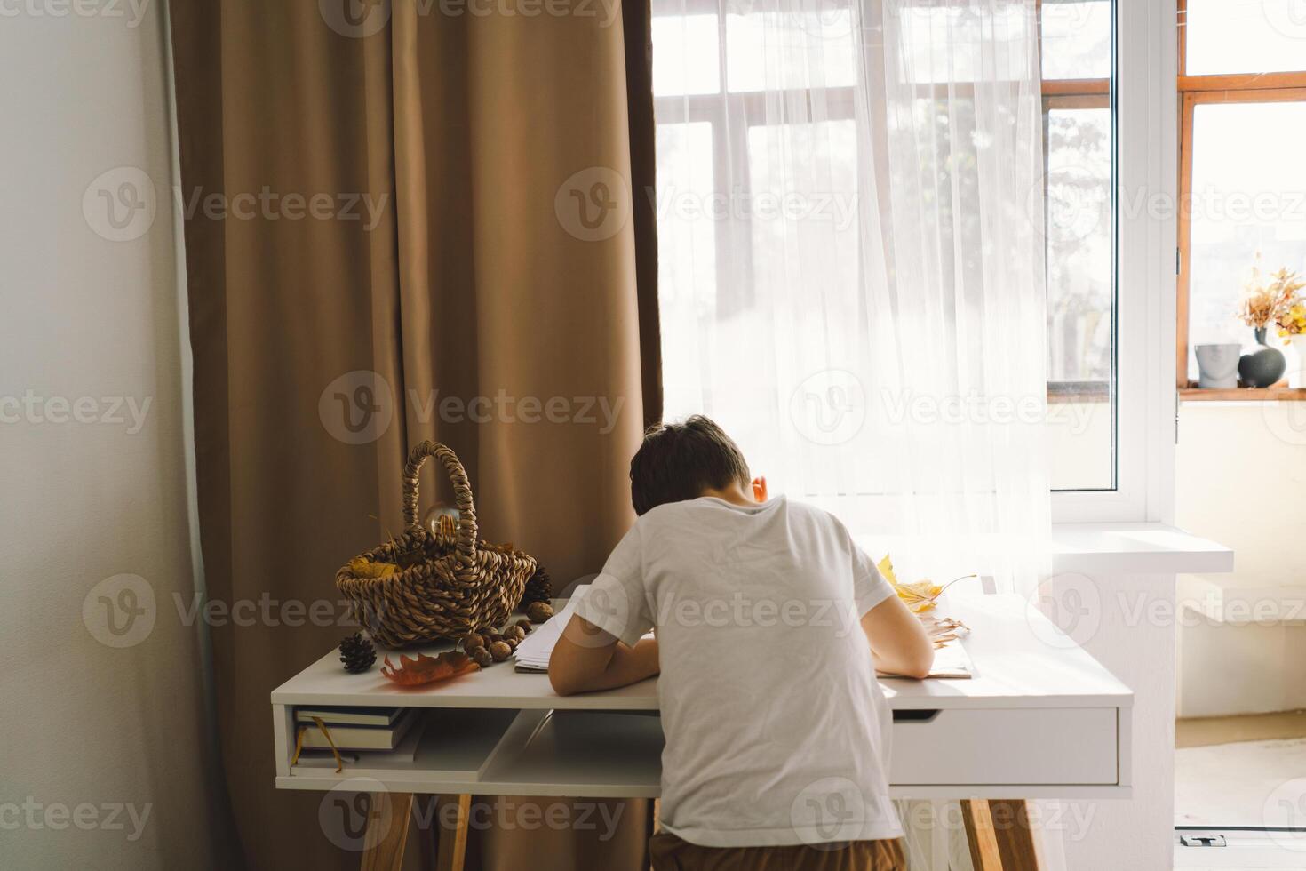 Young Boy Engaged in Creative Leaf Art Activity at Home on a Sunny day photo