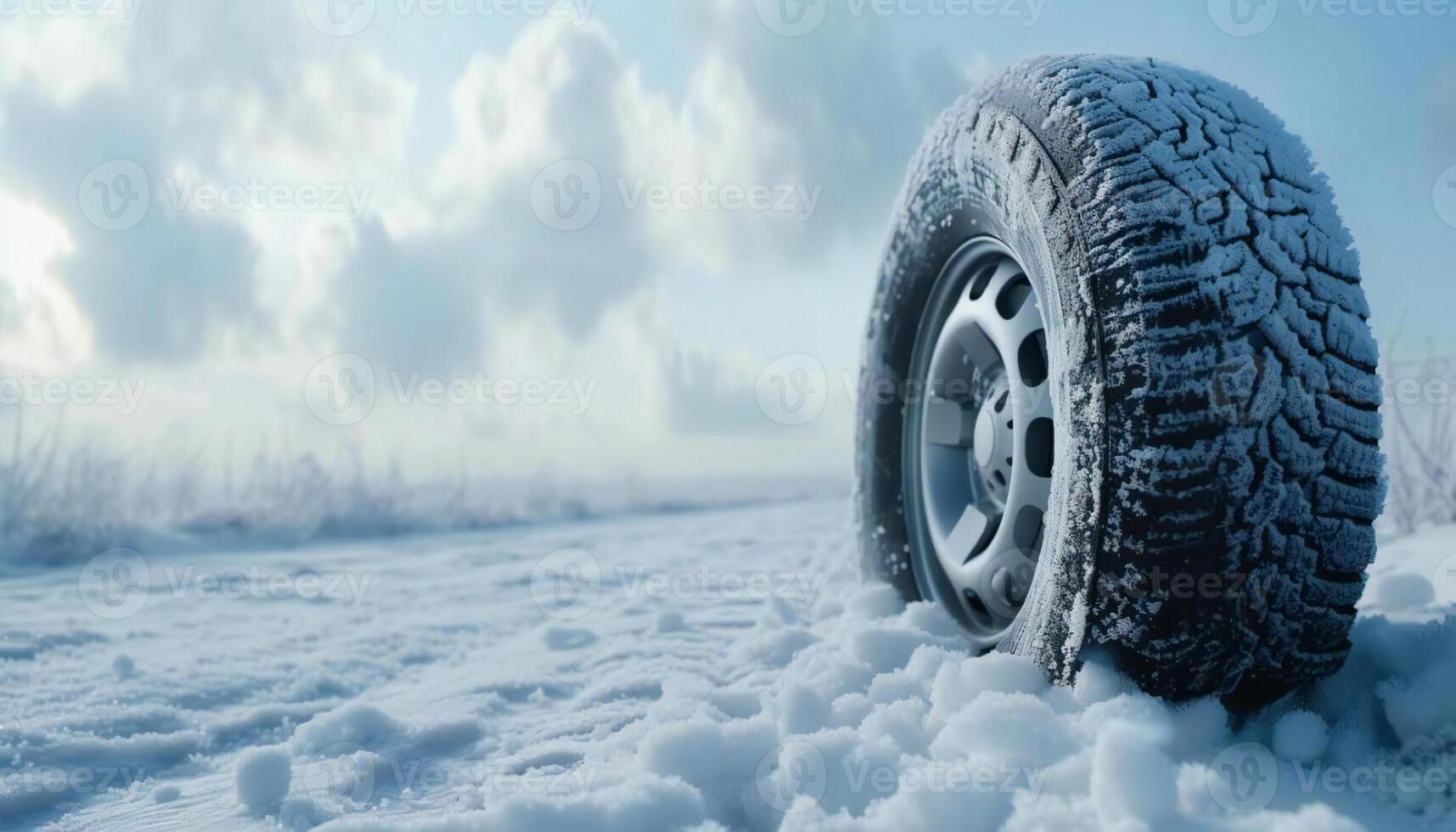 Snow covers a winter tire on an icy road. Winter tire advertising photo