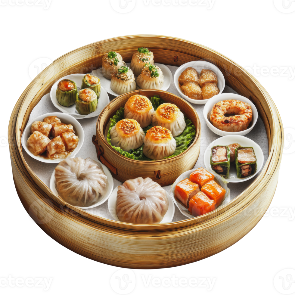 Assorted dumplings served in a bamboo steamer png